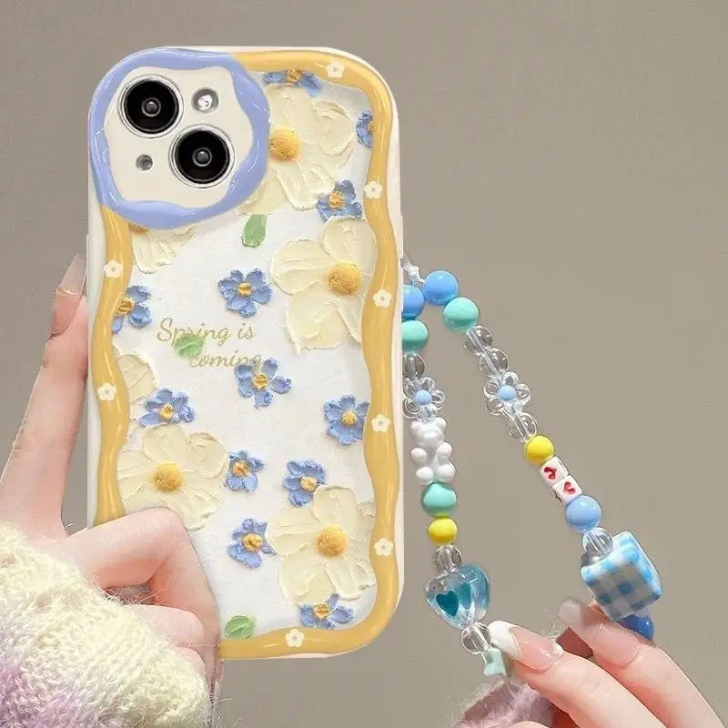 Phone Case For iPhone 17 16 15 Pro Max 14 11 13 12 Mini Plus 16E 17 Air IPhone17 Back Cover Flower Bracelet Wrist Chain Strap