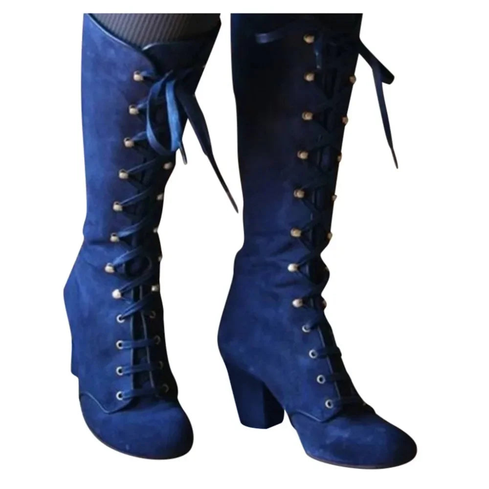 2024 Black boots women Shoes  knee high Women Casual Vintage Retro Mid-Calf Boots Lace Up Thick Heels Shoes
