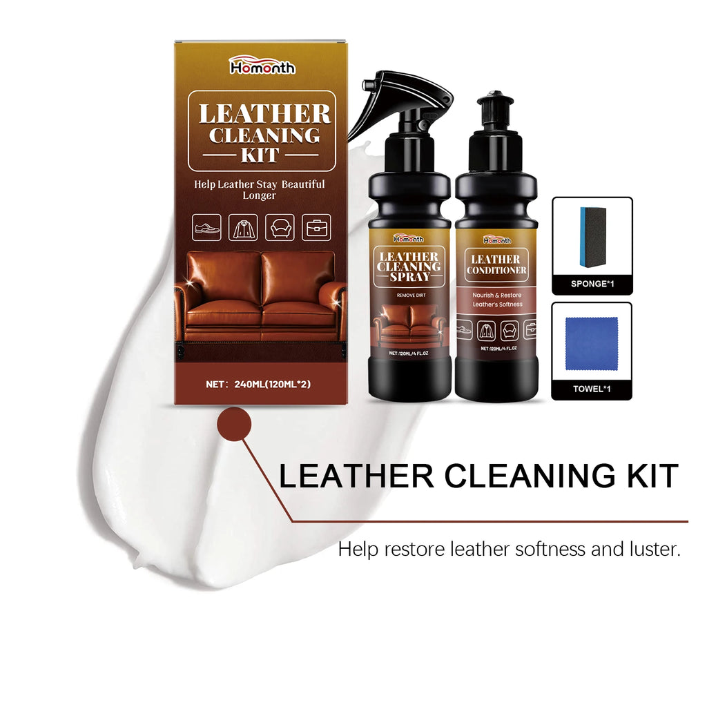 Leather Cleaner Conditioner Kit  Care Set Deep Spray Nourishing Cream Restores Softness Shine Prevents Cracking Includes Sponge