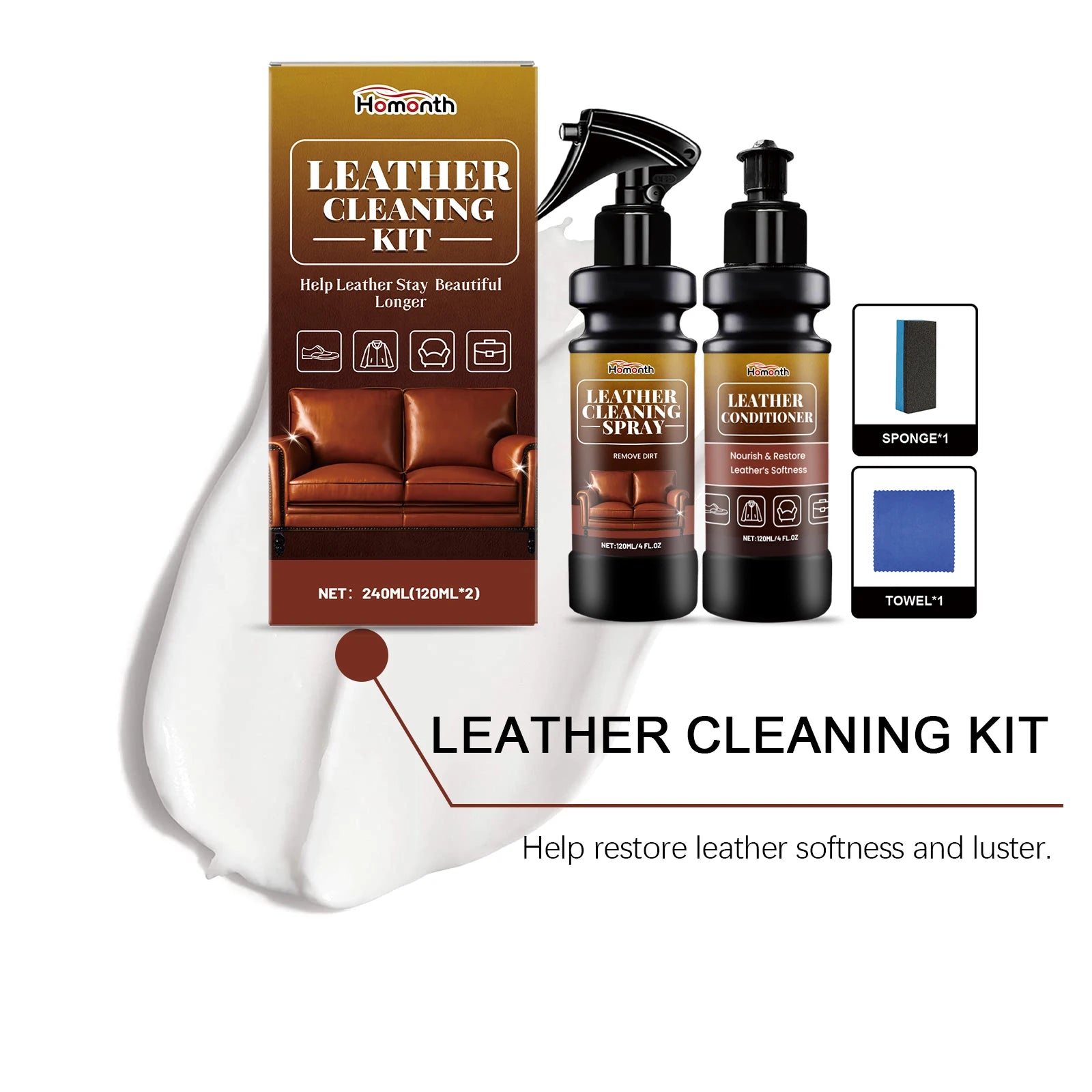 Leather Cleaner Conditioner Kit  Care Set Deep Spray Nourishing Cream Restores Softness Shine Prevents Cracking Includes Sponge