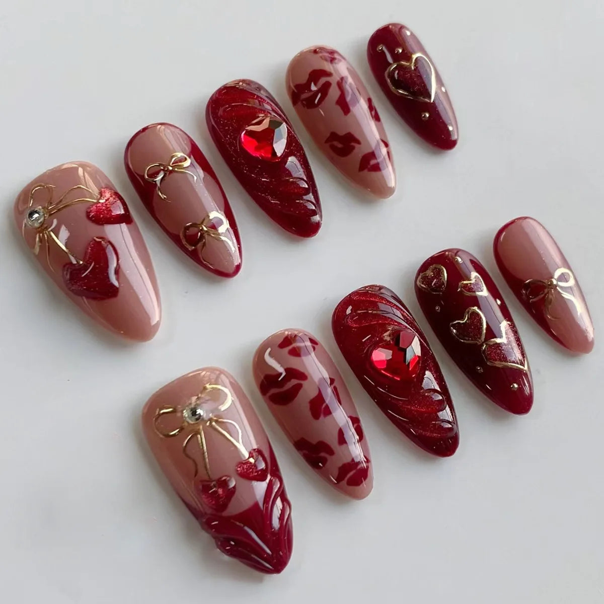 24Pcs Mid-length Gilded Almond Nails Set Press on 3D Flower Gradient Pink Full Cover False Nails Tips Pearl Reusable Fake Nails