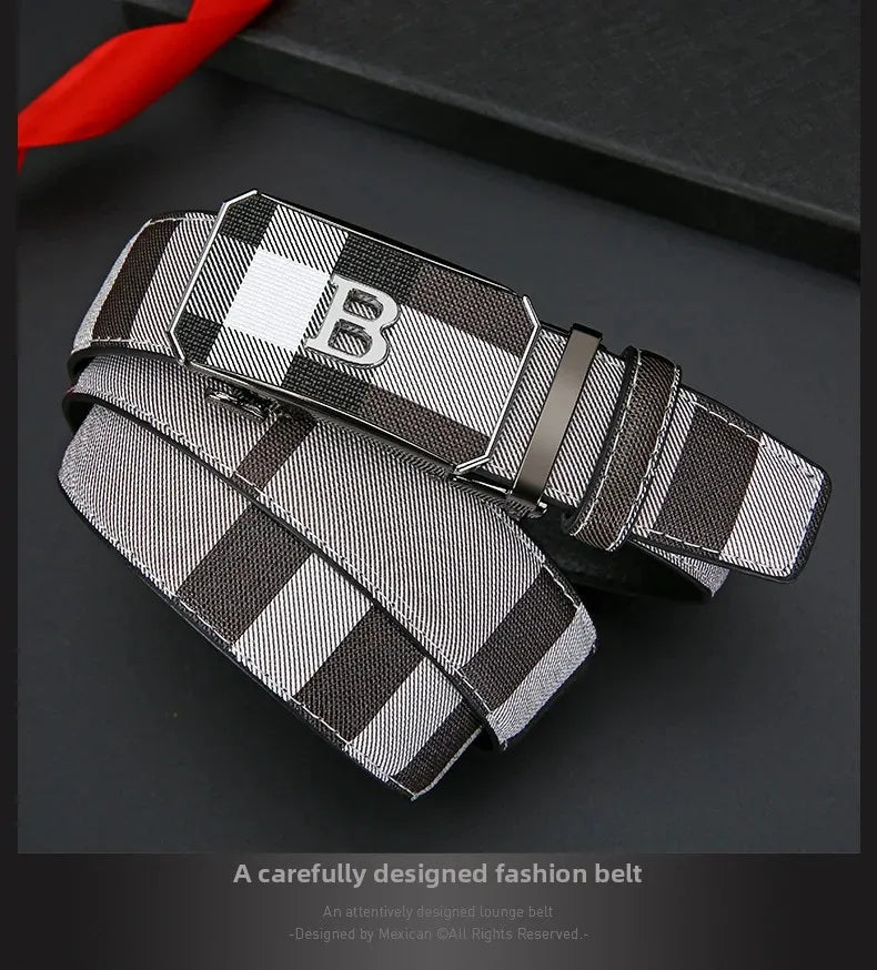 Trendy Plaid B Letter Automatic Buckle Belt for Men Premium Quality Fashionable Business Style Versatile Home Use