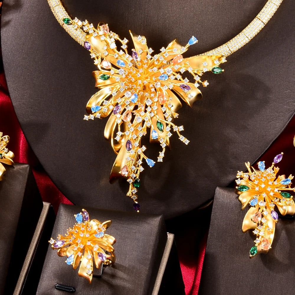 GODKI Famous Brand 4PCS Bicolor Flower African Jewelry Set For Women Wedding Party Zircon Crystal Dubai Bridal Jewelry Set Gift