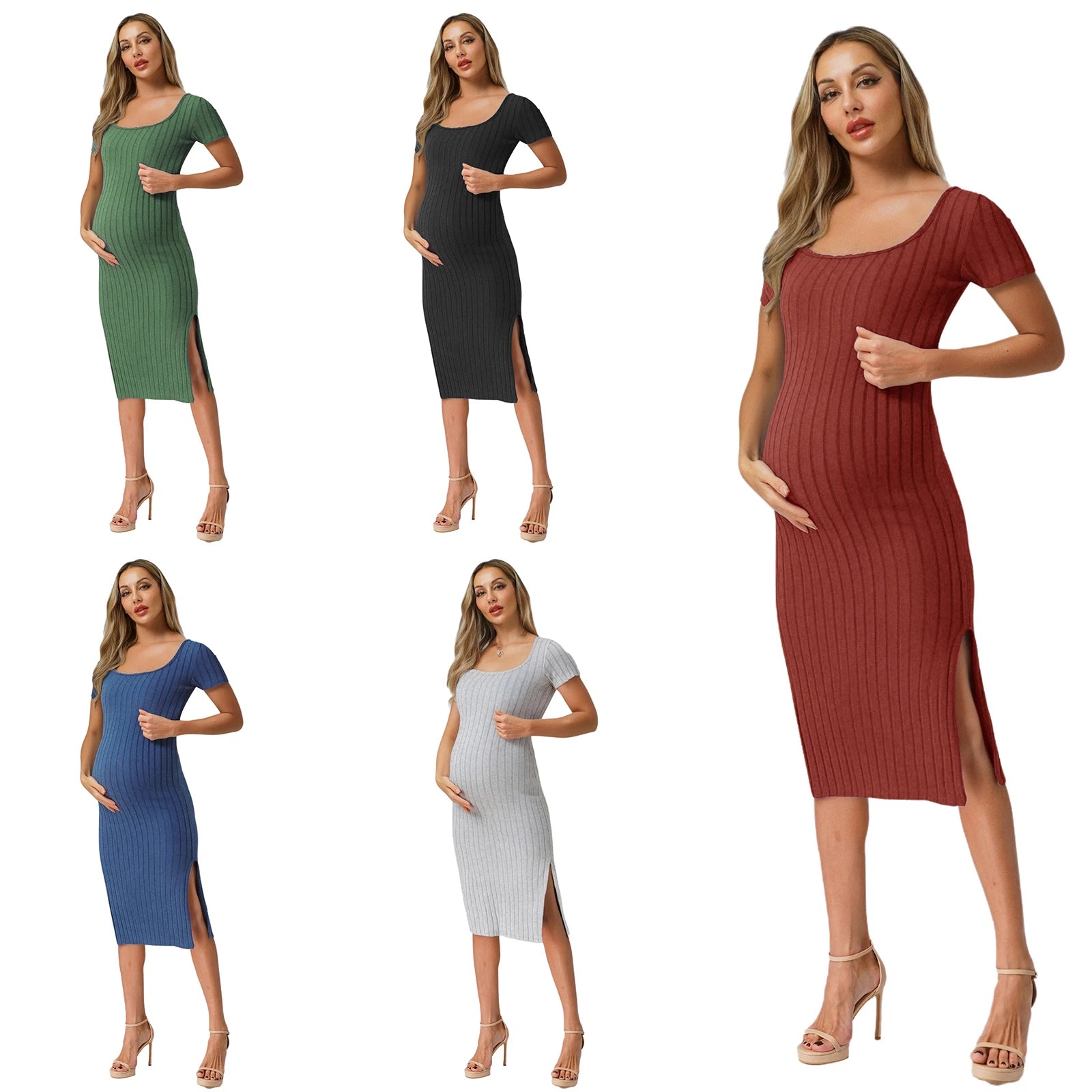 Elegant Maternity Knitted Dress Solid Color Short Sleeve Split Dresses Pregnancy Women Clothes Wedding Party Casual Daily Wear