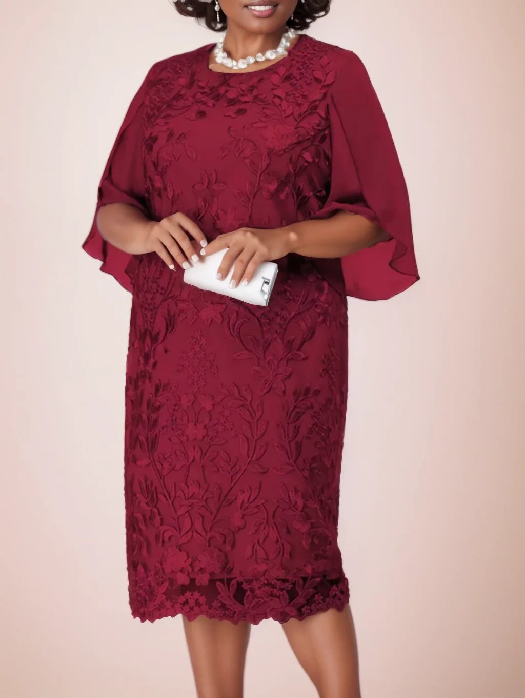 Elegant Round Neck Embroidery Knee Length Plus Size Formal Dress With Half Sleeves