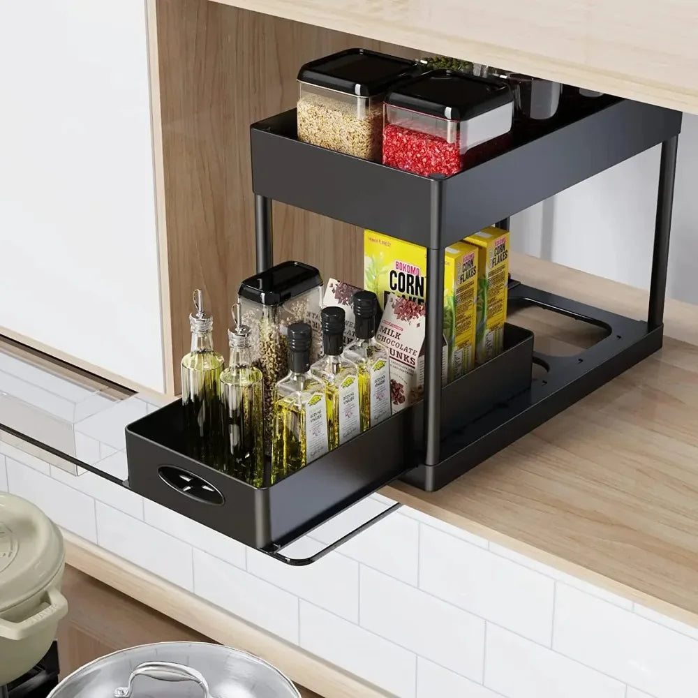 Hot-selling 2-Tier Kitchen Storage Rack Pull-Out Sliding Cabinet Basket Storage Shelf Bathroom & Kitchen Organizer