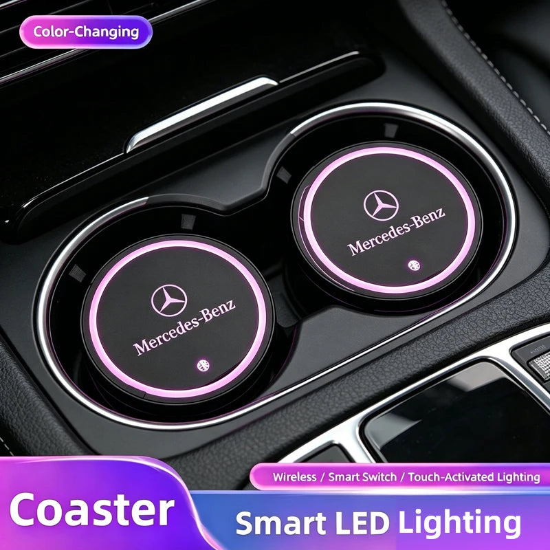 Car Glowing Coasters LED Light Water Cup Mat For Mercedes Benz AMG W203 W206 W220 W205 W211 Car USB Charging Coasters keychain