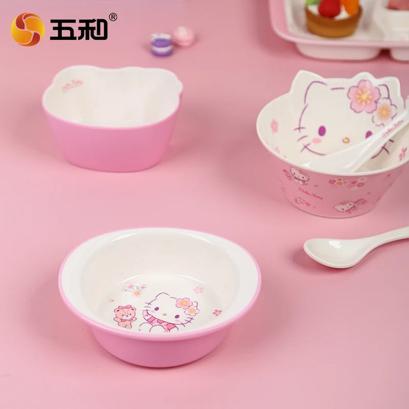 For Cherry Blossom Hello Kitty Tableware Baby Complementary Food Bowls BPA-Free Dining Plates Rice Bowl Cartoon Divided Plates