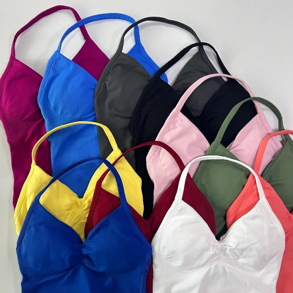 2 Pieces Sports Set Women Backless Tank Tops High Waist Scrunch Seamless Shorts Sport Suit Gym Set Sportswear Workout Set