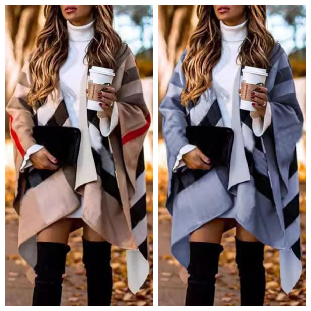 Auutmn Winter Fashion Casual Batwing Fluffy Sleeve Overcoat Women Elegant Knitted Color Block Capes Lady Irregular Ponchos Scarf