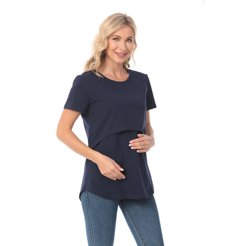 Plus Size Maternity T-Shirt Short Sleeve Stretch Cotton Breastfeeding Tees Loose Nursing Tops for Pregnant Women