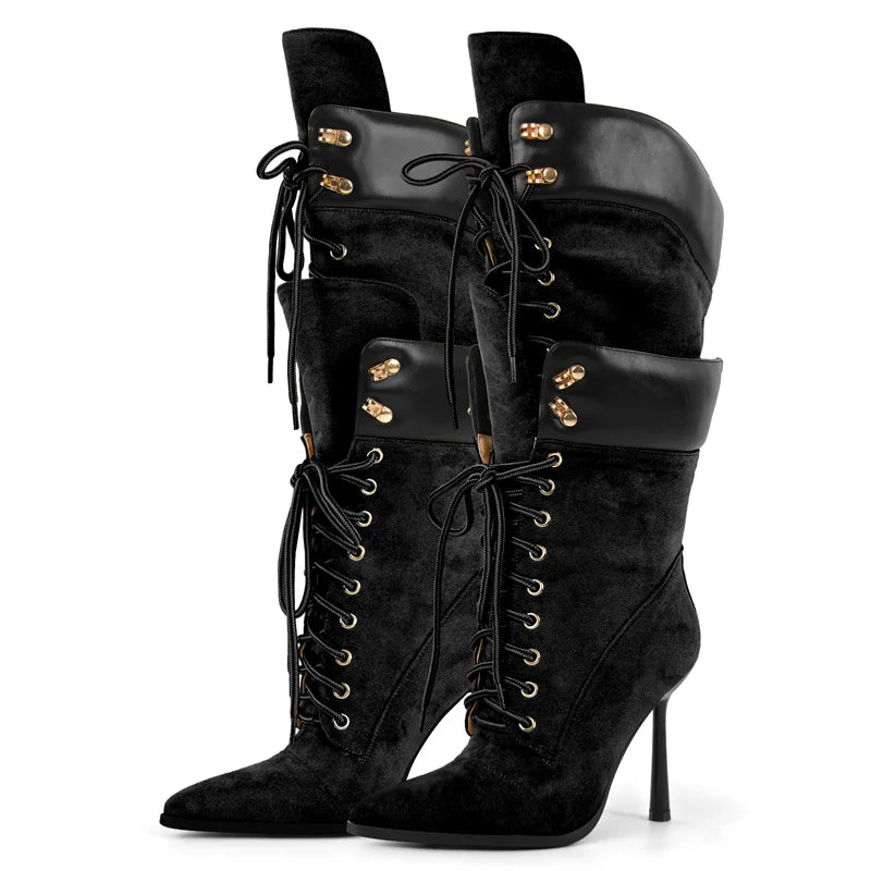 Onlymaker Women Pointed Toe Double Stiletto High Heel Lace Up Mid-Calf Boots