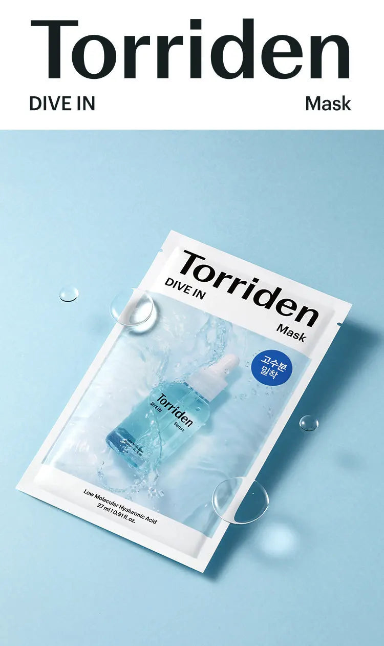 Torriden DIVE-IN Masques pour le visage à l'acide hyaluronique 10 pièces, fins et adaptés à la peau, hydratation profonde, trait