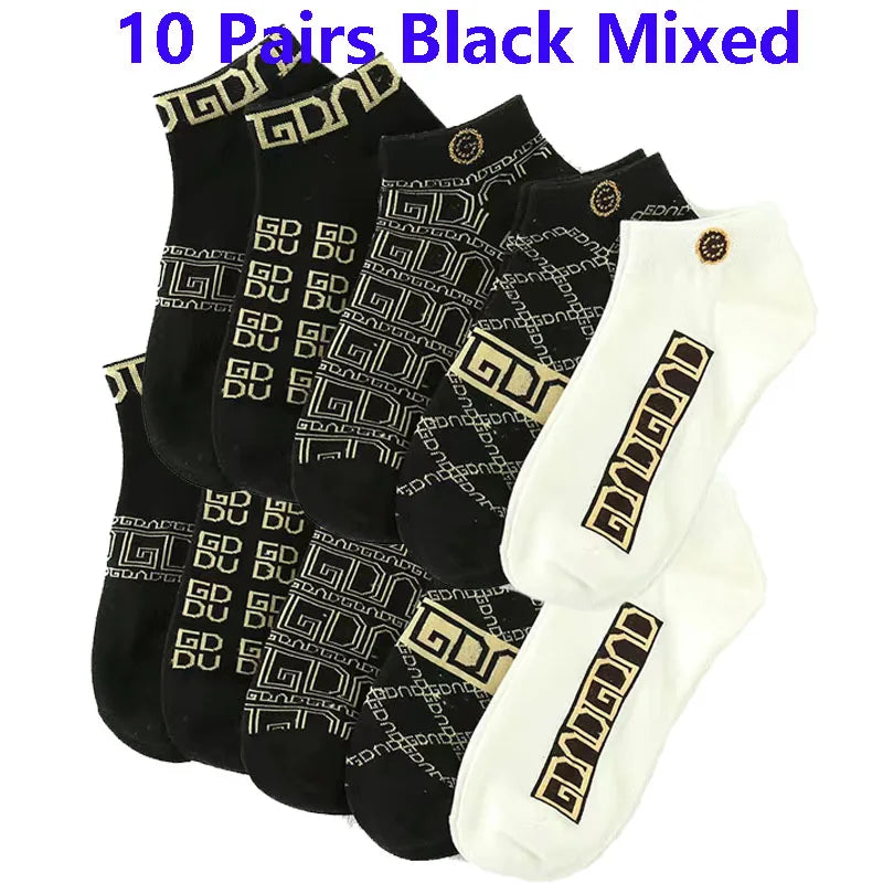 10 Pairs Men's Trendy Short Socks Summer Breathable Geometric Pattern Ankle Socks Luxury Designer Brand Fashion Low Cut Socks