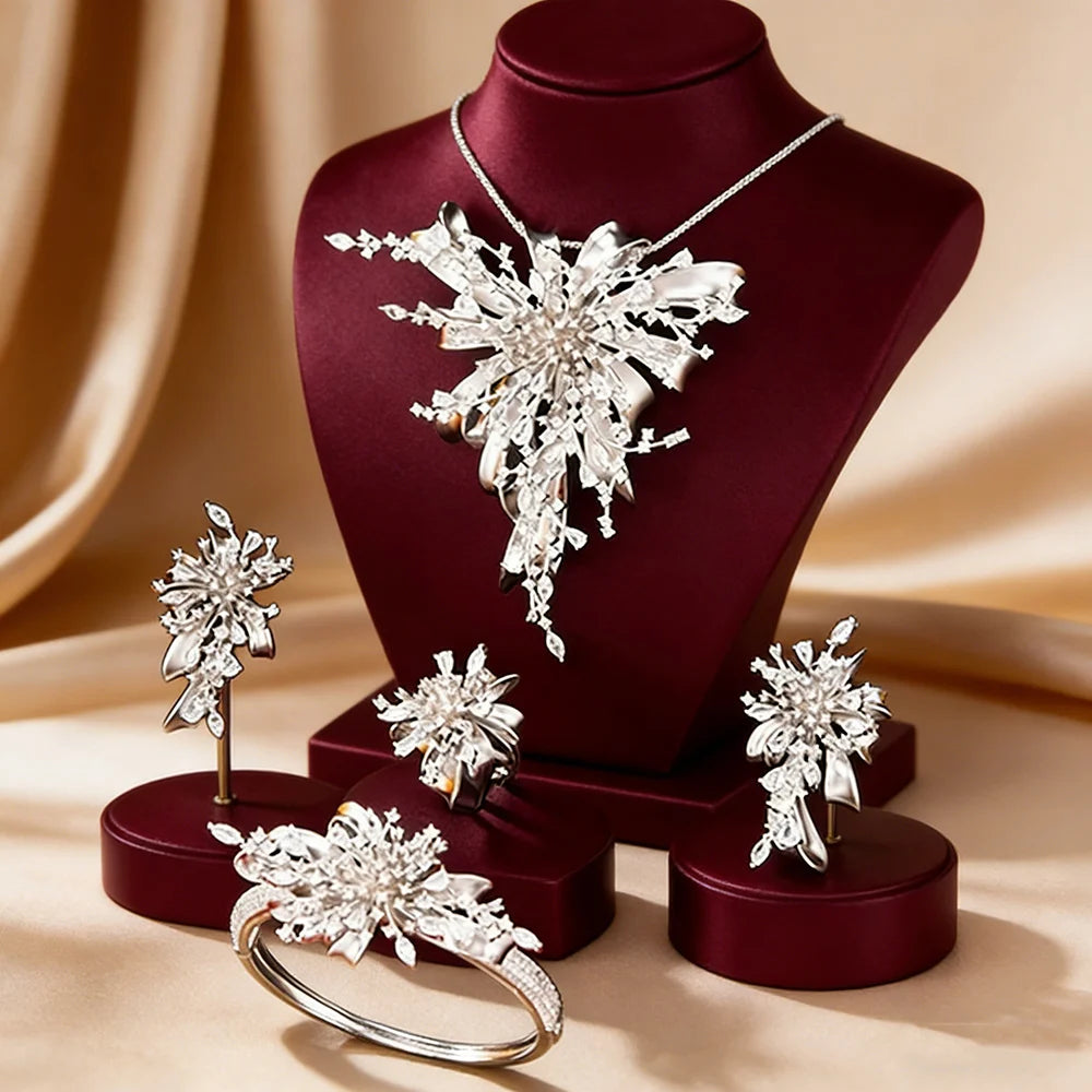 GODKI Famous Brand 4PCS Bicolor Flower African Jewelry Set For Women Wedding Party Zircon Crystal Dubai Bridal Jewelry Set Gift