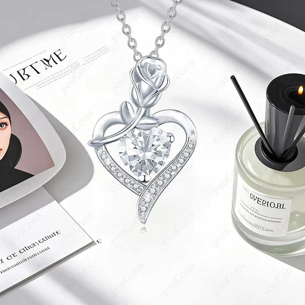 White Heart Zircon Pendant Necklace With Rose Bow Box 2025 Jewelry Set For Wife Friend Christmas Valentine Day Birthday Gifts