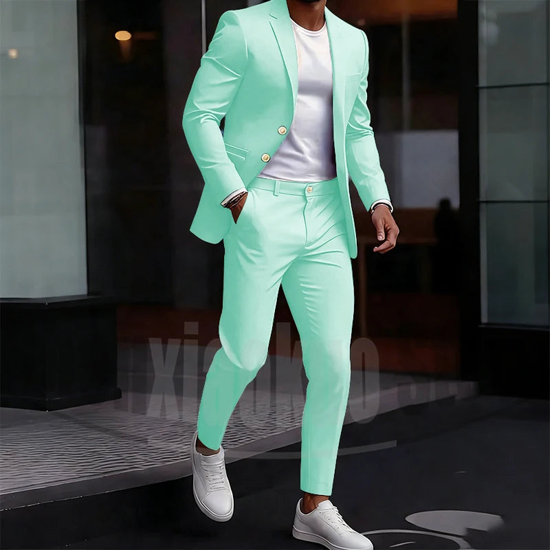 Men's Light Green Suit Set Single Breasted Casual Stylish Wear for Daily Party Fashion Solid Color Formal Male Suit 2 Piece