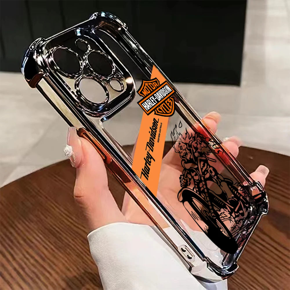 Luxury Skull Y-Harleyes Motorcycles Plating Phone Case For iPhone 17 16e 16 15 14 13 12 11 Pro Max 8 Air Plus Anti-Fall Airabag