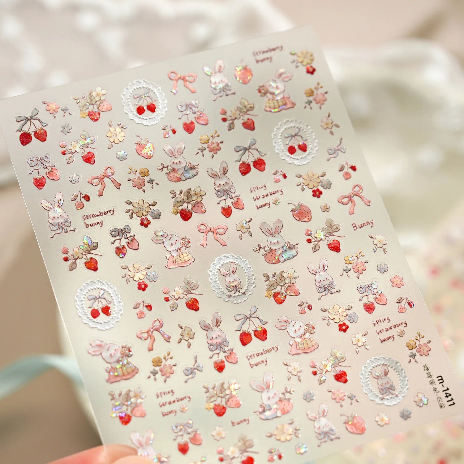 Spring Strawberry Vine 5D Nail Art Stickers Garden Fresh Red Strawberry Green Leaves Flower Cherry Branch Bow Nail Decals DIY