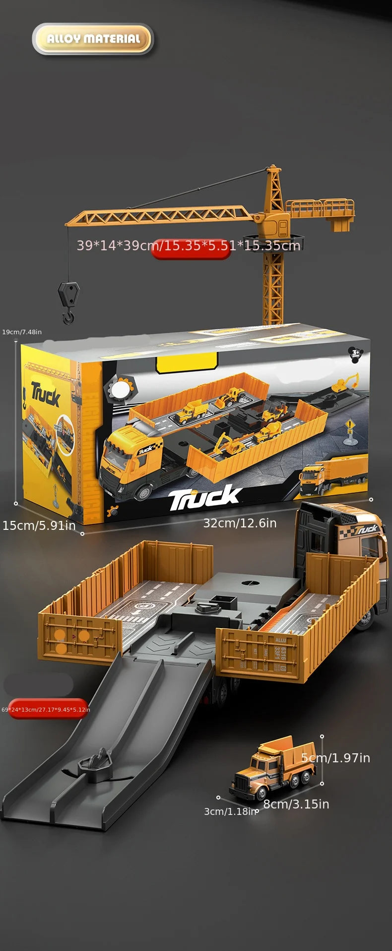 Alloy Construction Trucks Vehicle Toys for Kids Sounds Lights Effects Take Apart Container Crane,Excavator Trucks,Cement Mixer