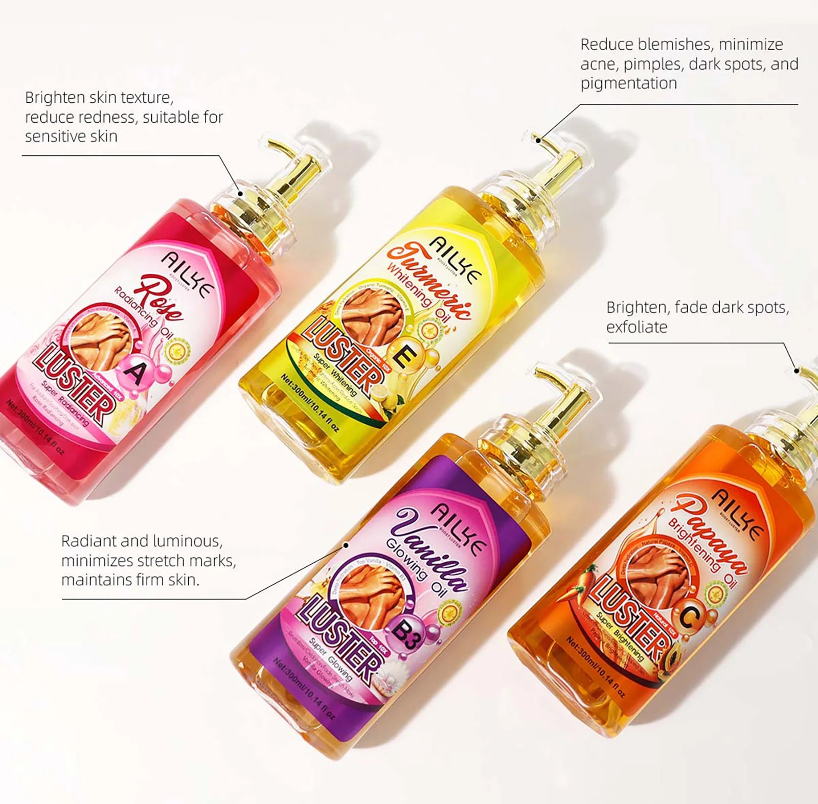 AILKE Lightening Body Massage Oil, Moisturizing, Anti Wrinkles, Dry Lines, Dark Spots Removal for All Skin Types, 300ml