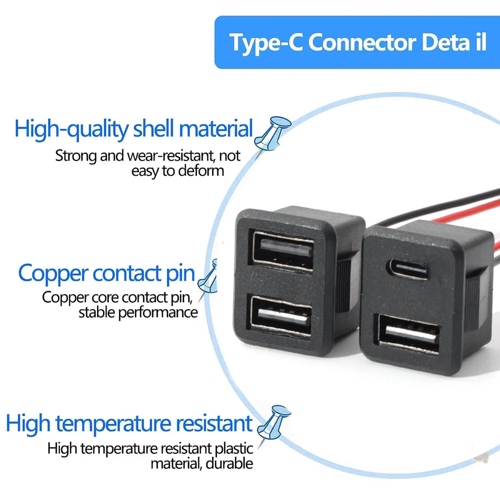 Black Double Layer Usb Female Type-C Socket Car Accessories 1-10pcs Usb Lamp Charging Female Power Socket with Cable Connector
