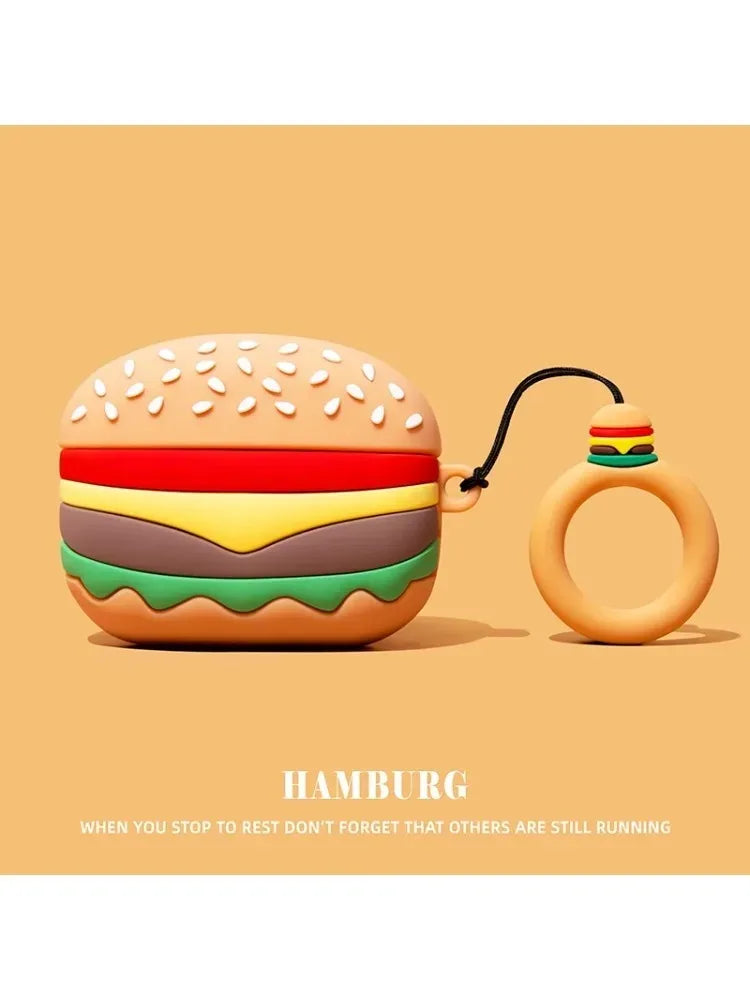 For AirPods 4 3 2 1 Pro Pro2 Earphone Case 3D French Fries Hamburger Silicone Protective Headphone Box With Pendant Cover