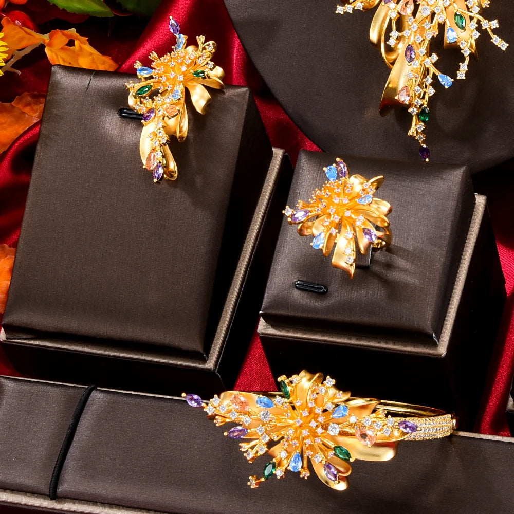 GODKI Famous Brand 4PCS Bicolor Flower African Jewelry Set For Women Wedding Party Zircon Crystal Dubai Bridal Jewelry Set Gift