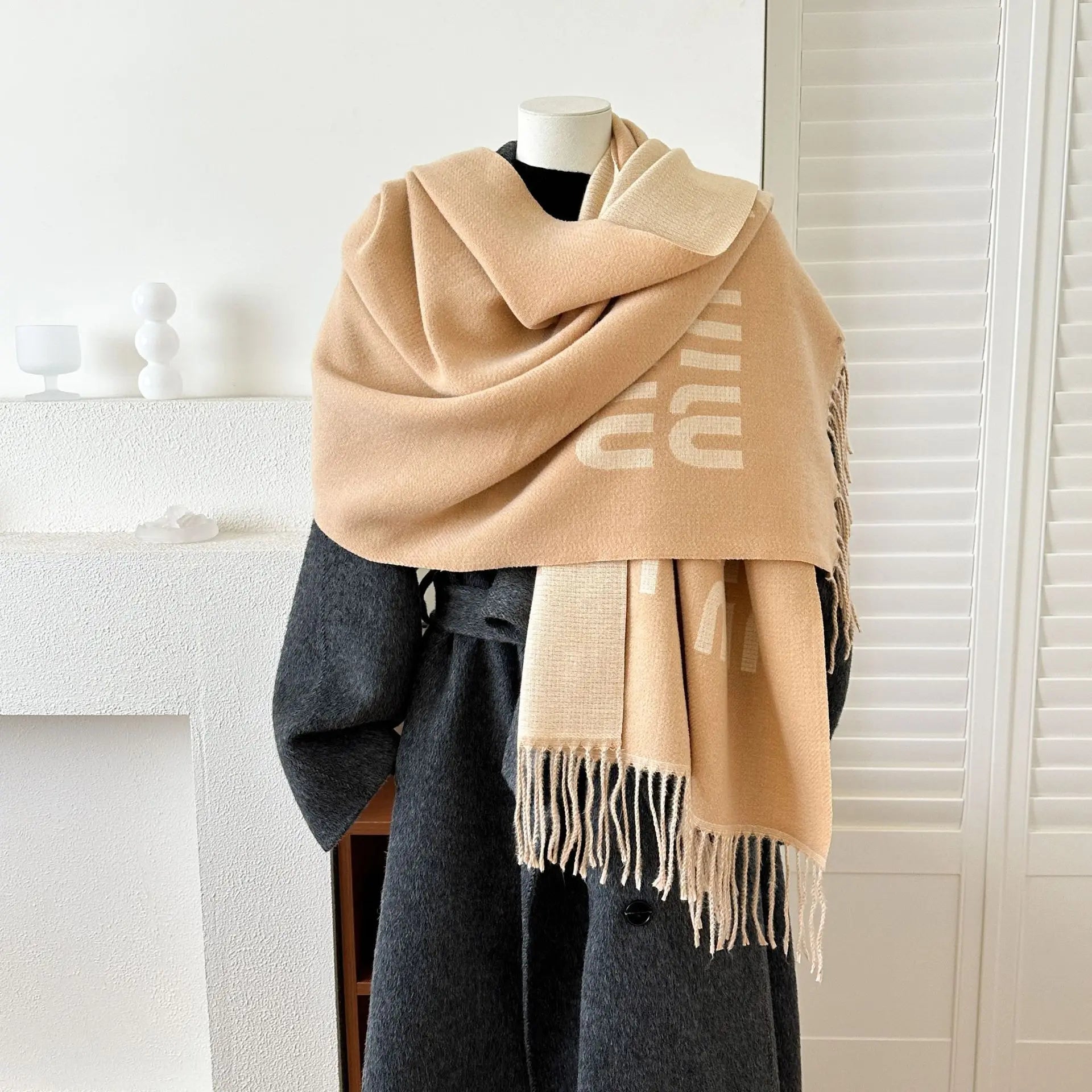 Oversized Letter Print Shawl Scarf for Women Acrylic Wool Like Warm Thick Knit Wrap Scarf Blanket Scarf Versatile Fashion