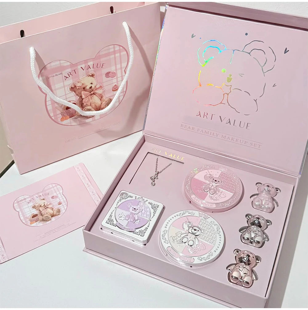 ART VALUE 7PC Makeup Sets Include 3 Colors Lip Mud,1 Pressed Powder,1 Blush,1 Eyeshadow Palette,1 Necklace Beauty Makeup Sets