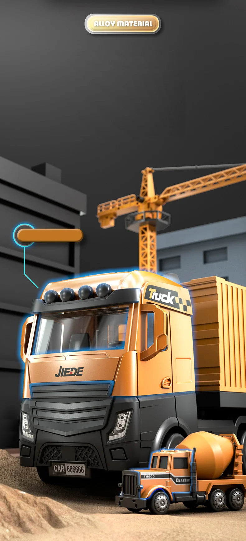 Alloy Construction Trucks Vehicle Toys for Kids Sounds Lights Effects Take Apart Container Crane,Excavator Trucks,Cement Mixer