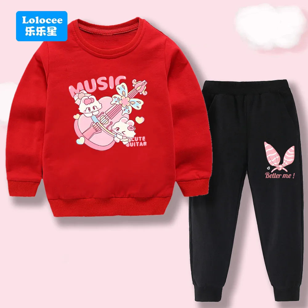 Toddler Girl 2Pcs Outfit: Music Rabbit Cartoon Sweatshirt + Black Pants Kids Casual Clothing Set Kids Tracksuit (3-14Y)  YL01