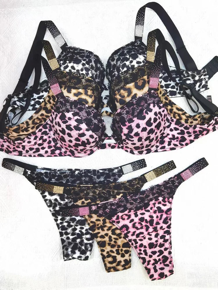 Rhinestone Sexy Women Bra Set Leopard Lace Bralette Girls Underwear Brassiere Fashion Thong Gather Bras Lingerie Panty Sets