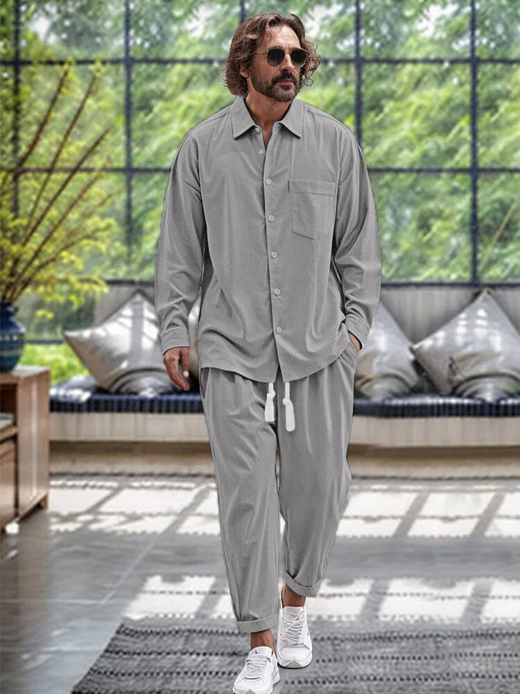 Spring and autumn men's fashion trend quality cotton linen shirt casual loose solid color lapel long sleeve trousers two sets