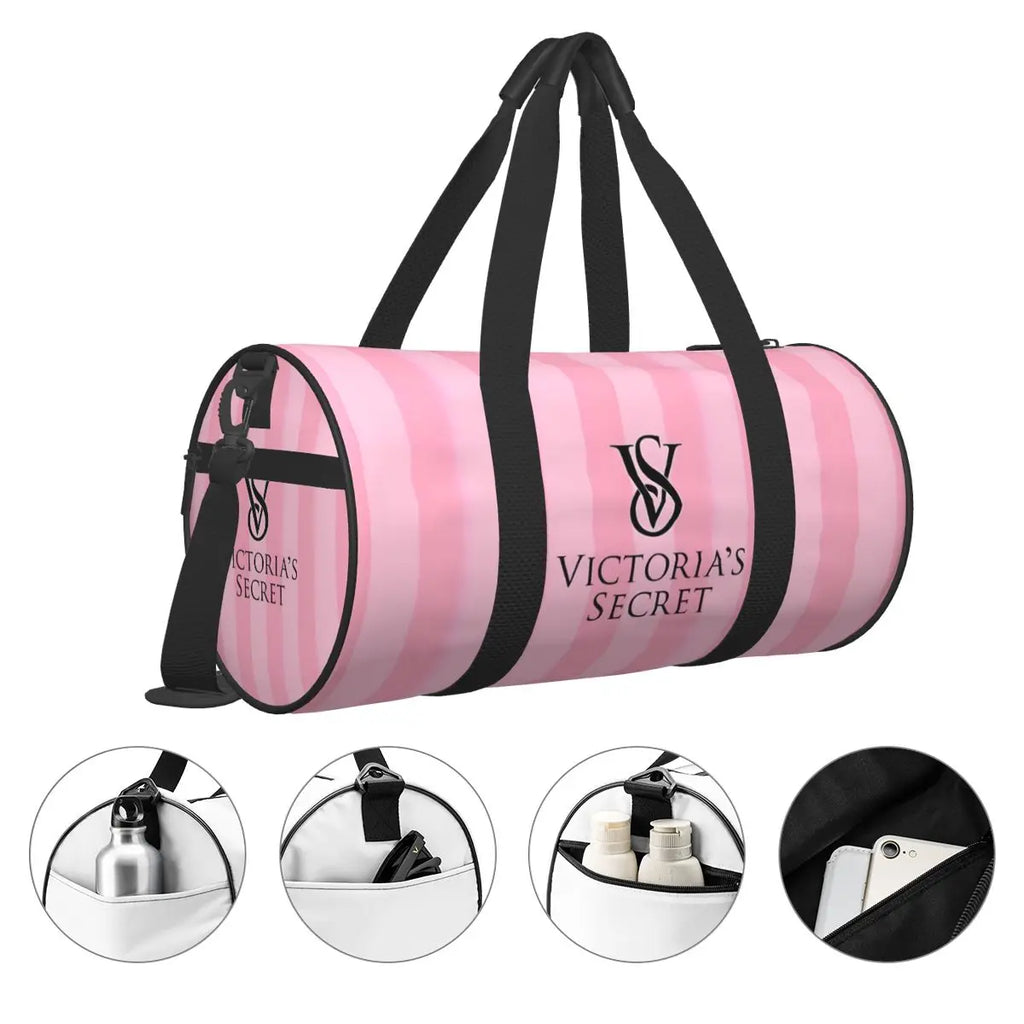 Pink White Stripe Round Capacity Travel Duffel Bag Male Female Large-Capacity Hand Luggage Sports Fitness Bag Travel Package