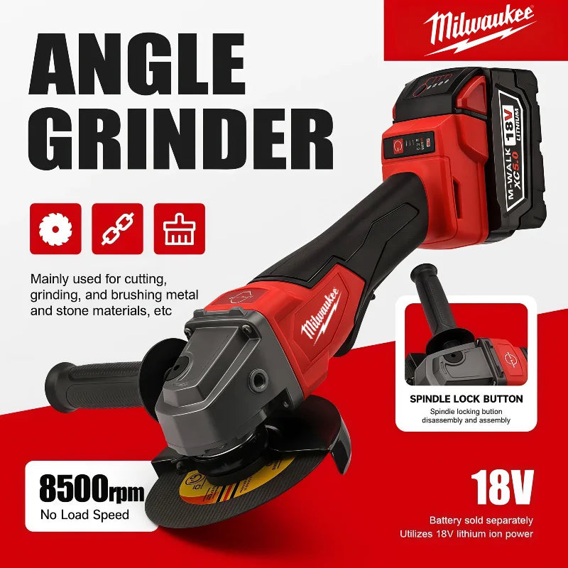 Milwaukee Angle Grinder 125MM Polishing Cutting Machine Grinder Paddle Switch No-Lock High Power Electric Cordless Power Tools