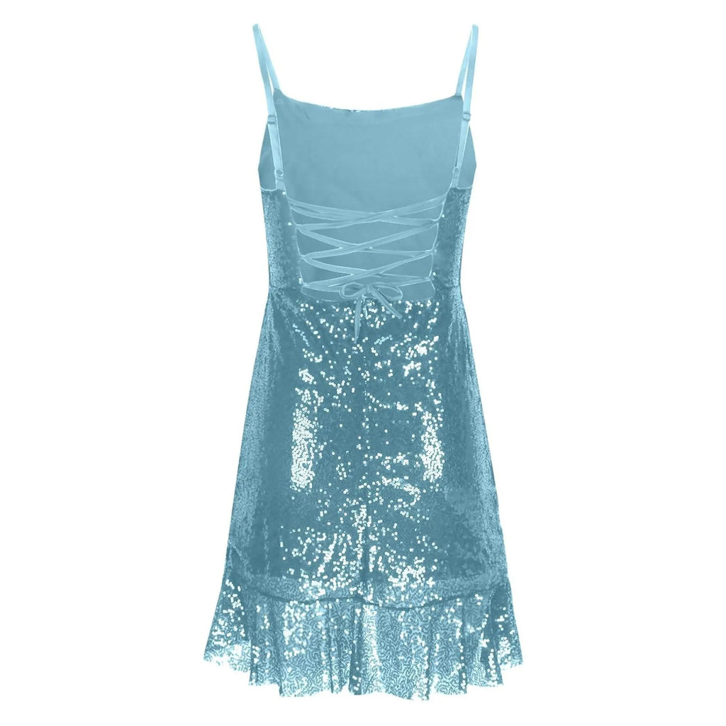 Sexy Slim Fitting Fashion Solid Color Sequin Back Cross Tie Ruffle Edge Sleeveless Suspender Irregular Hem Pleated Party Dress