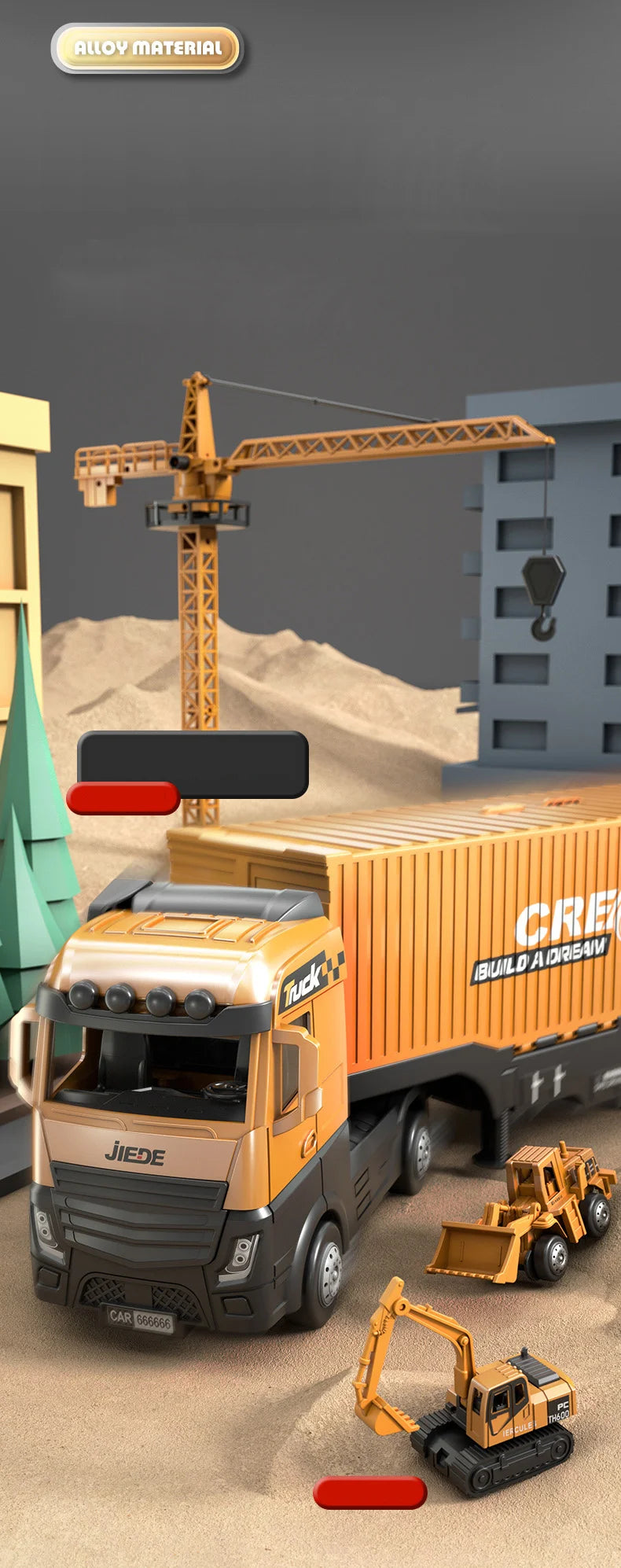 Alloy Construction Trucks Vehicle Toys for Kids Sounds Lights Effects Take Apart Container Crane,Excavator Trucks,Cement Mixer