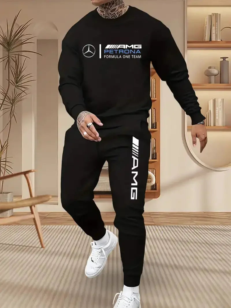 Mercedes-Benz Autumn Winter Set Men's Casual Versatile Printed Sweatshirt and Sweatpants Autumn Winter Cool Handsome Men's Long