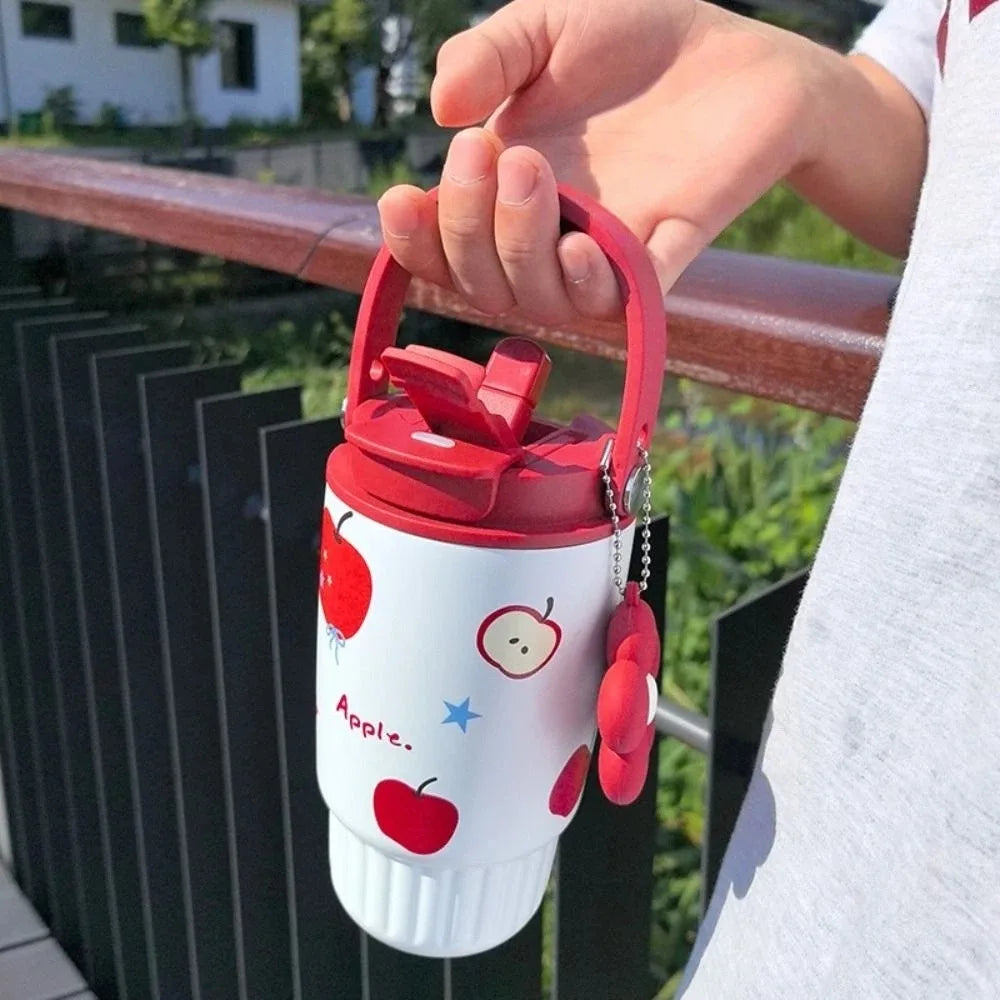 500ML 316 Stainless Steel Straw Cup Insulation or Cooling Strawberry Fruit Print Insulated Cup with Flower Pendant