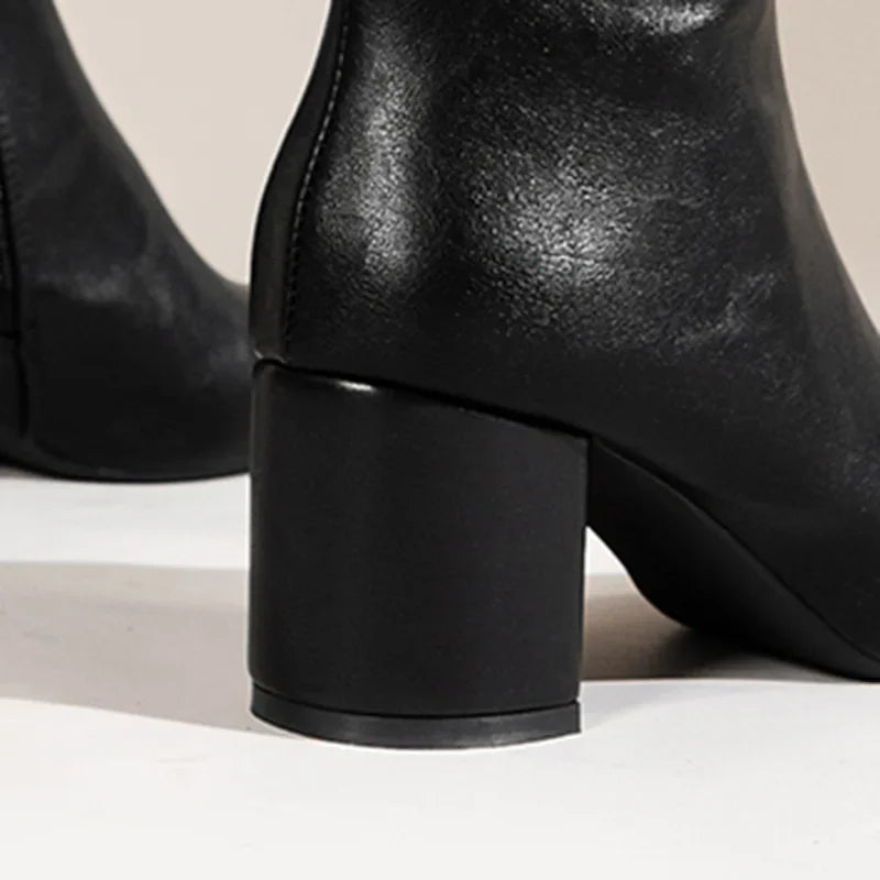 White Ankle Boots for Women 2024 New Side Zipper Stretch Middle Heel Large Size Short Boot Fashion Pointed Shoes Botas De Mujer