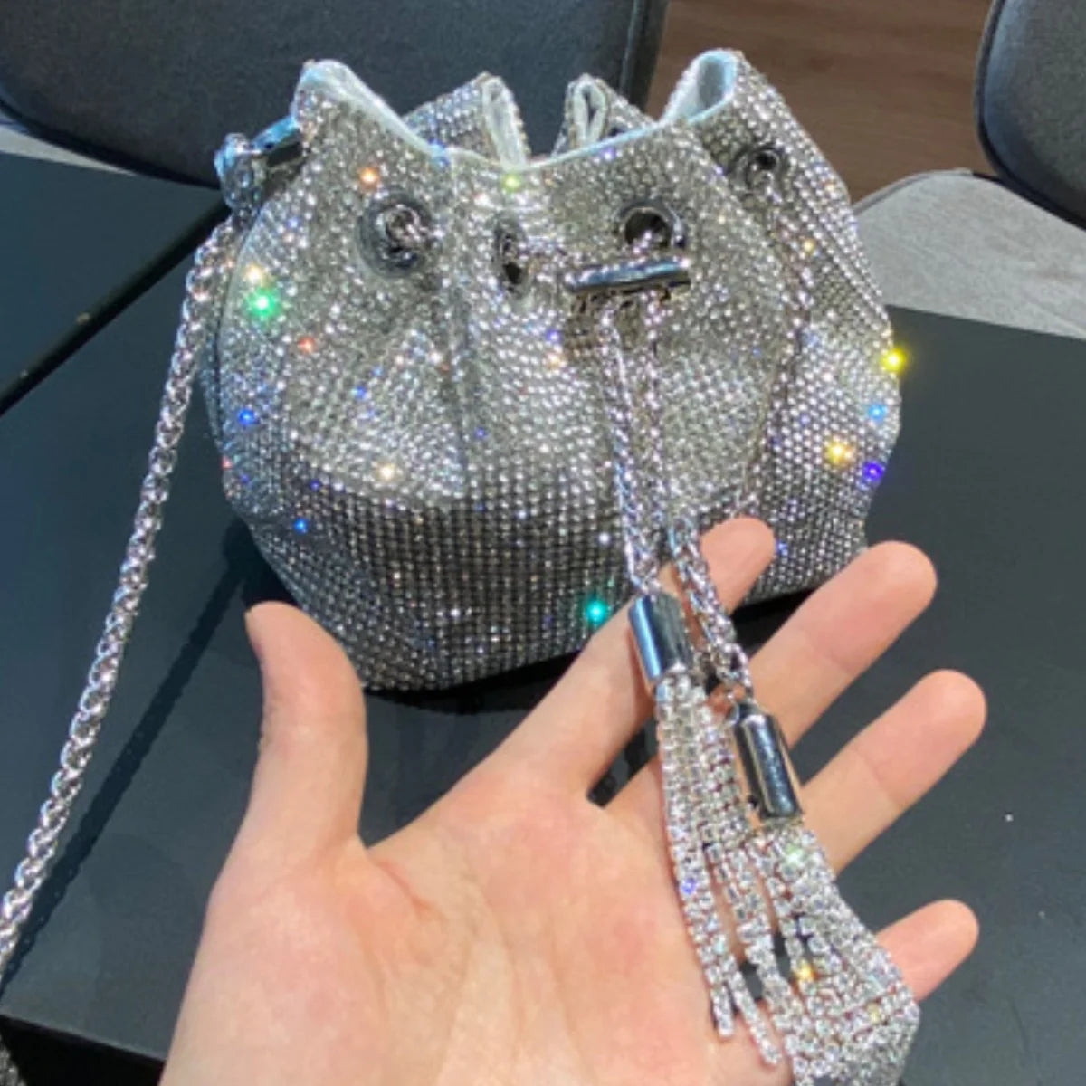 silver clutch bag Luxury Designer Women's Barrel Sparkling Rhinestone Banquet Bag Tassel wallet woman party High Quality Chain