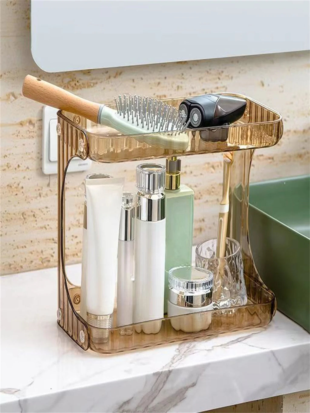 2-Tier Transparent Plastic Desktop Cosmetic Storage Box with 2-Tier Shelves & 4-Wheel Base - Space-Saving Organizer Tray, Freest