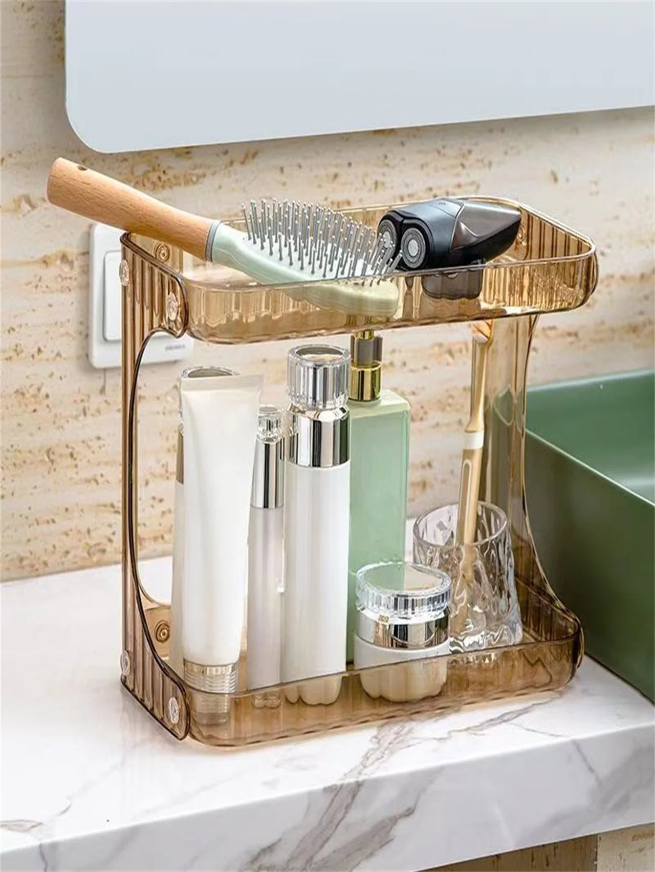 2-Tier Transparent Plastic Desktop Cosmetic Storage Box with 2-Tier Shelves & 4-Wheel Base - Space-Saving Organizer Tray, Freest