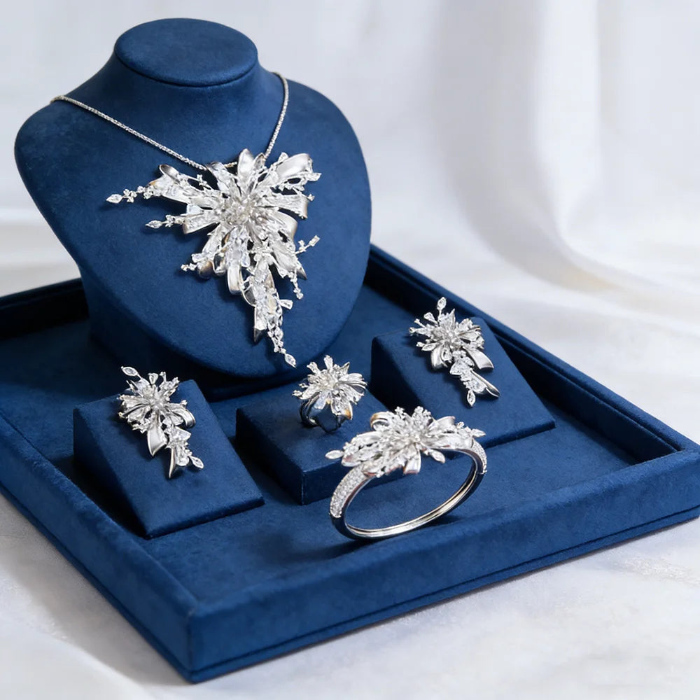 GODKI Famous Brand 4PCS Bicolor Flower African Jewelry Set For Women Wedding Party Zircon Crystal Dubai Bridal Jewelry Set Gift