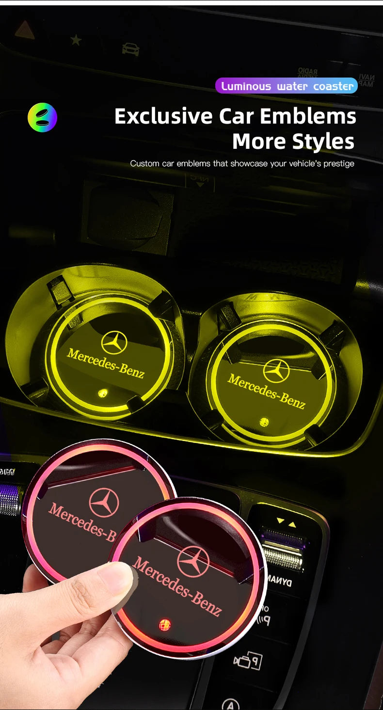 Car Glowing Coasters LED Light Water Cup Mat For Mercedes Benz AMG W203 W206 W220 W205 W211 Car USB Charging Coasters keychain