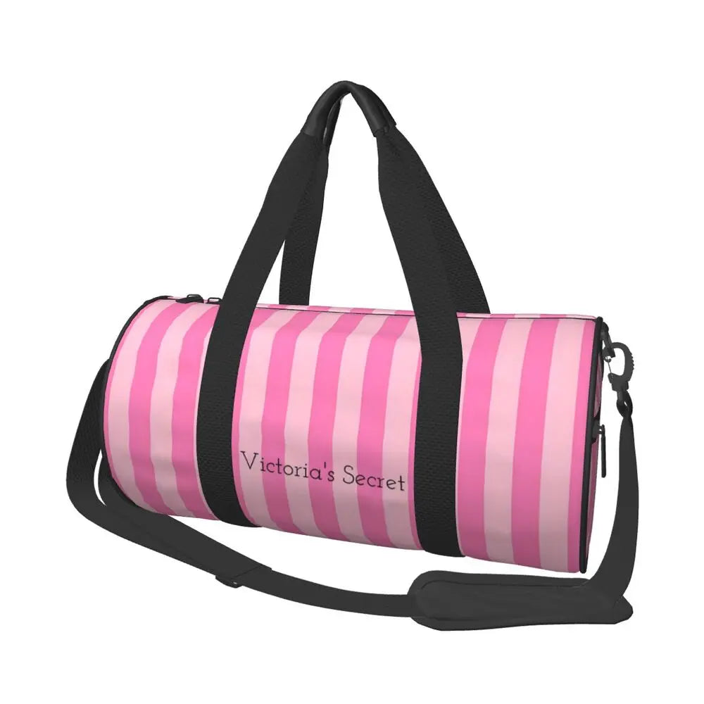 Pink White Stripe Round Capacity Travel Duffel Bag Male Female Large-Capacity Hand Luggage Sports Fitness Bag Travel Package