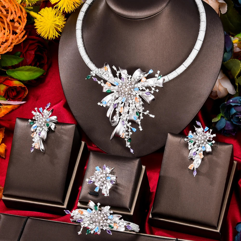 GODKI Famous Brand 4PCS Bicolor Flower African Jewelry Set For Women Wedding Party Zircon Crystal Dubai Bridal Jewelry Set Gift