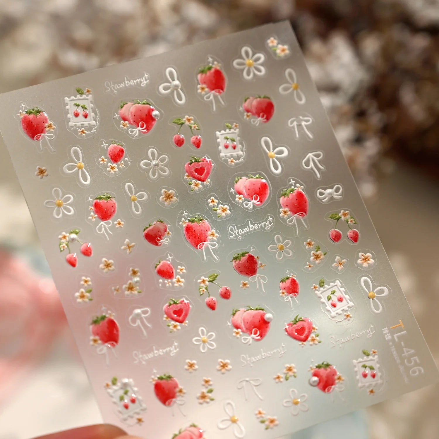 Spring Strawberry Vine 5D Nail Art Stickers Garden Fresh Red Strawberry Green Leaves Flower Cherry Branch Bow Nail Decals DIY