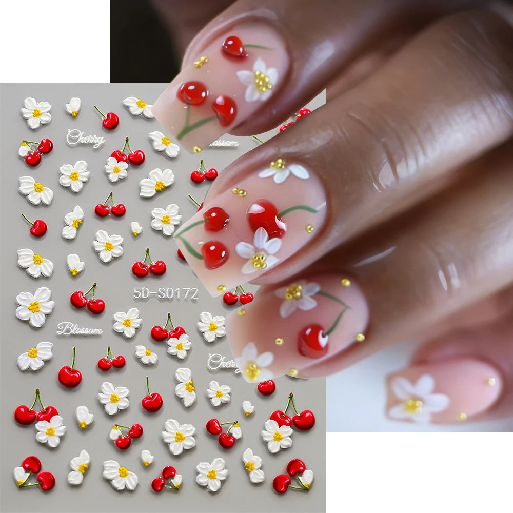 2pcs 5D Elegant Cherry Fruit Nail Stickers Kawaii Spring White Flowers Self-Adhesive Nail Decals DIY Wedding Season Nail Decor